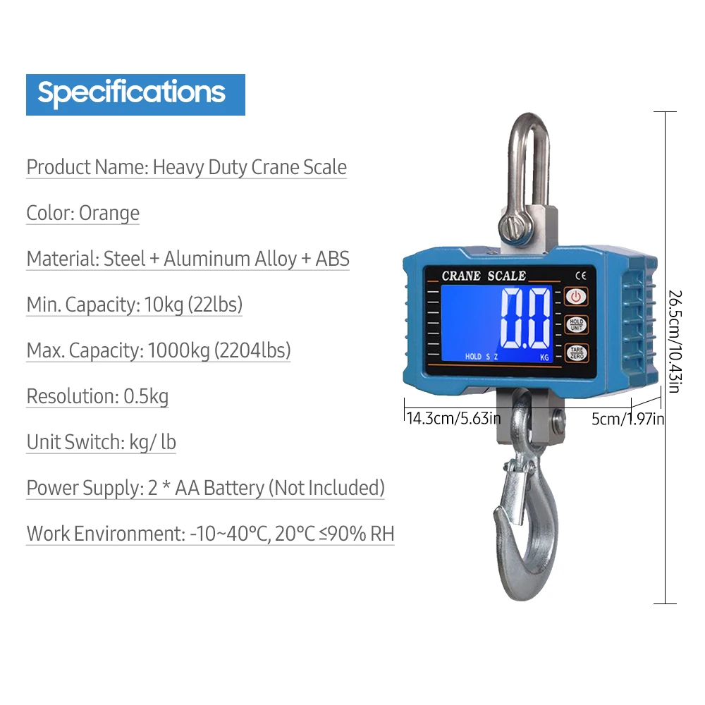 Heavy Crane Lcd Digital Scale 2204lbs (aluminum, Tare/) - Commercial Equipment - Commercial Use | Aluminum | powered | auto